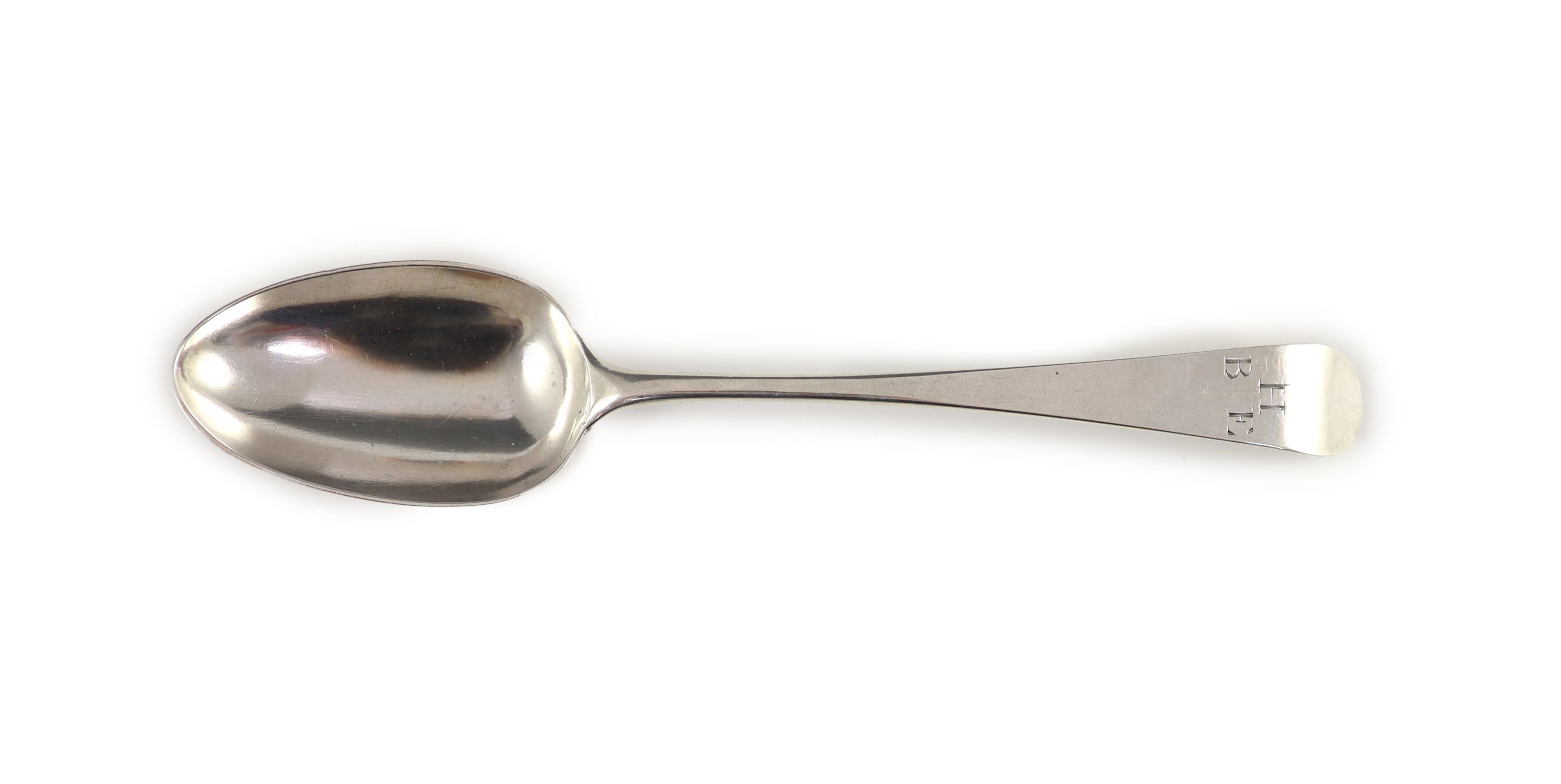 A George III Old English fancy back silver tablespoon, London 1776 by Hester Bateman, 22cm long, 1.6 oz.